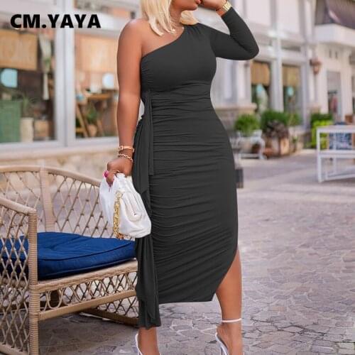 Lemon Gina Ruched Stacked Ruffles Splicing Side Slit Maxi Midi Dress One Shoulder Sleeve Skew Neck Bodycon Sexy Long Dresses