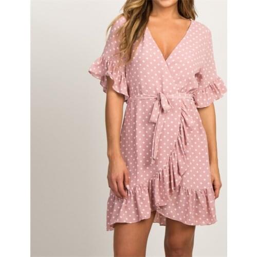 Summer Chiffon Dress Boho Style Beach Dress Fashion Short Sleeve V-neck Polka Dot A-line Party Dress Sundress