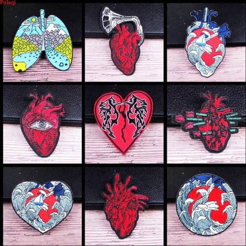 Pulaqi Wave Wilderness Patch Red Heart Embroidered Iron on Patches for Clothing Punk Stickers Stripes For Clothes Appliques DIY
