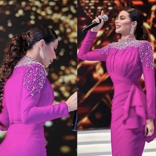 Pink prom dresses high neck long sleeve pleats beading pearls sheath formal dresses arabic evening dresses