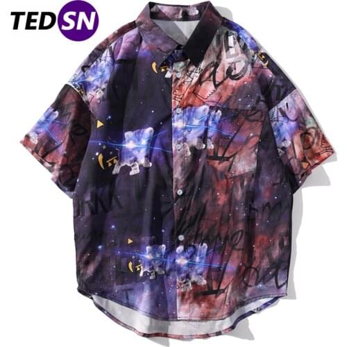 Hawaii Beach Shirt Men Oversized Star Printed Half Sleeve Fashion Streetwear Shirt Loose Hip Hop Tops Tees Colorful