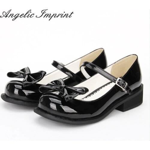 Women Black Patent Leather Low Heel Japanese Lolita Girl Mary Jane Tea Party Shoes