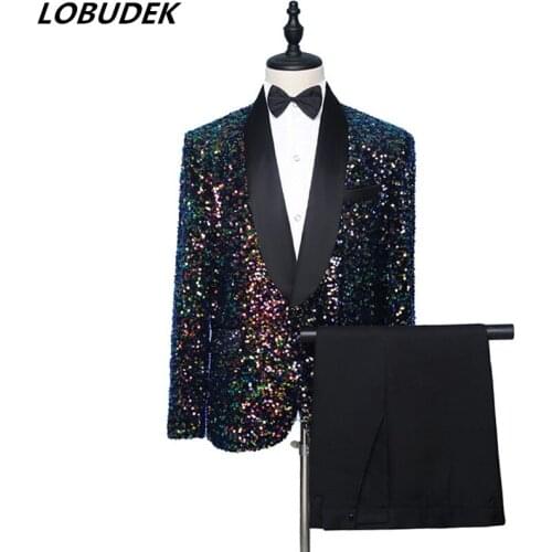Evening Party Singer Host Shiny Sequins Suits Fashion Multi-colorful Sequin Tuxedo Costume Bar Nightclub Concert Stage Suit New