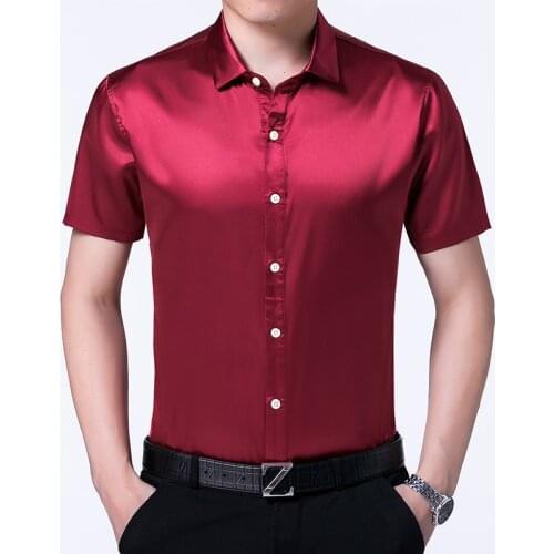 High Quality Summer Mens Silk Shirts Pure Color Male Casual Satin Dress Short Sleeve Soft Clothes