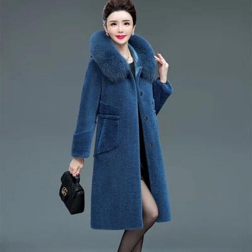 2021 New Mother Real Fox fur collar Jacket Winter Warm Parkas Plus size Granular Sheep Shearing Overcoat Hooded Female Fur Coat