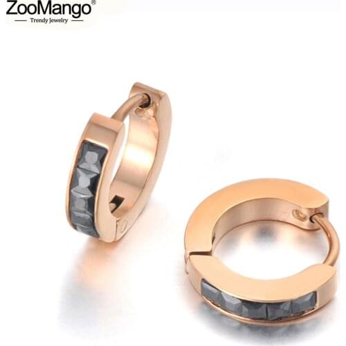ZooMango Titanium Stainless Steel Cubic Zirconia Hoop Earrings Jewelry For Women Fashion Black Crystal Bohemia Earrings ZE19179