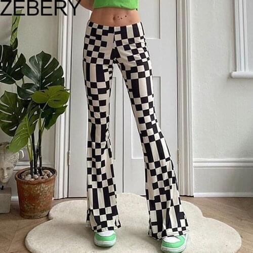 ZEBERY Checkerboard Plaid Y2K Joggers Women Low Waist Flares Pants Streetwear Vintage E Girl 2000s Aesthetic Trousers Harajuku