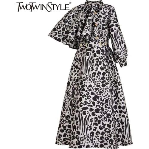 TWOTWINSTYLE Vintage Print Asymmetrical Slim Long Dress Female Stand Collar High Waist Midi Dresses For Women 2021 Fashion Style