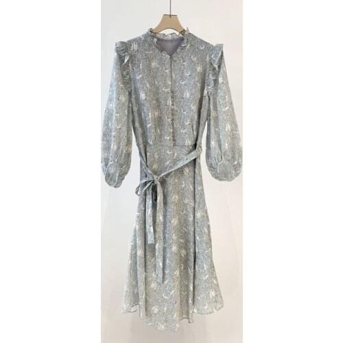 Ruffles Trim Collar Women Grass Rabbit Print Dress 2021 Early Autumn Lantern Sleeve Waist Lace-Up Sashes Short Robe