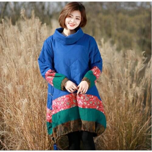 Women National Style Padded Coat Parkas Female Patchwork Plus Size Tops Outerwear Female Long Coat Padded Coat 2019 Winter