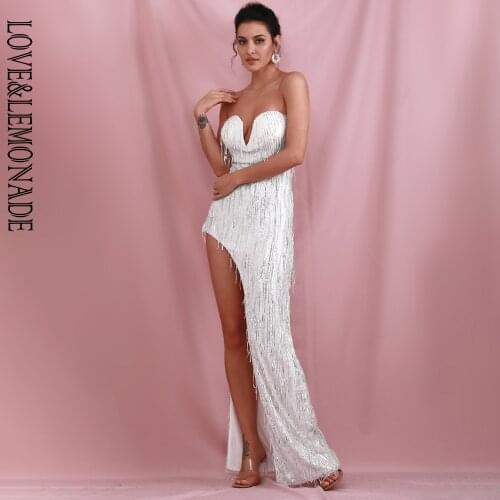 LOVE&LEMONADE Sexy Silver Wrapped V-Neck One Side Cut Out Elastic Tassel Sequins Fit Party Maxi Dress LM82107