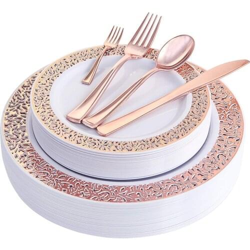 Gold Disposable Plastic Plates Rose Golden Lace Design Wedding Party Xmas Plastic Dinnerware set Salad Dessert Plates 25pack