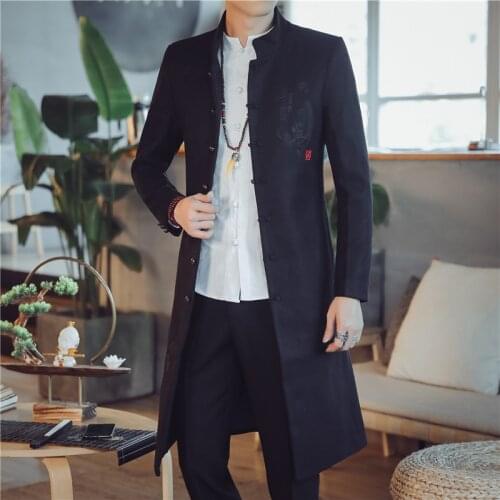 2020 Mens Wool Trench Coat Jackets Autumn Winter Chinese Style Embroidery Woolen Coats Long Windbreaker Steetwear Outwear Tops