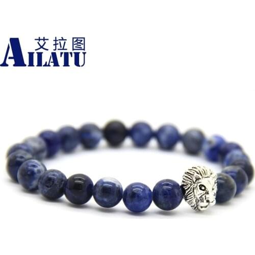 Ailatu High Grade Mens Powerful Lion Head Bracelet Jewelry 8mm Natural Blue Veins Stone Beads Hombre Bracciali