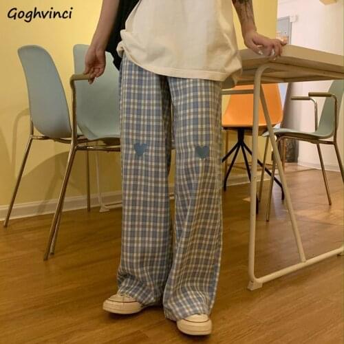 Pants Womens Plaid Wide Leg Trousers High Waist Embroidery Ulzzang Casual Trendy Streetwear Hot Sale All-match Popular Female