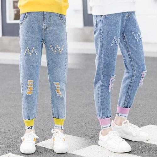 Baby Girls Jeans for Kids Trousers 2021 Spring Autumn Children Pants 8 10 12 14Years Teenage Elastic Fashion Ripped Pencil Pants