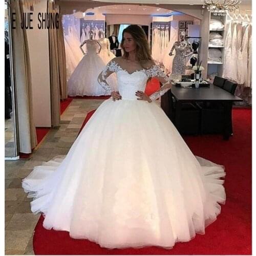 E JUE SHUNG Lace Wedding Dress 2020 New Long sleeves Wedding Gown Off Shoulder Lace Appliques With Beaded Long Ball Gowns