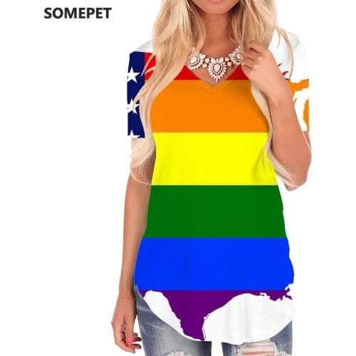 SOMEPET Rainbow T Shirt Women Colorful Shirt Print National Flag V-neck Tshirt Novel Funny T shirts Womens Clothing Hip hop Cool