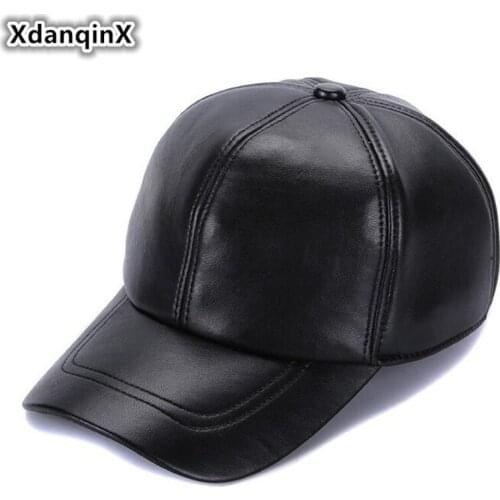 XdanqinX Genuine Leather Hat Snapback Cap Autumn Winter Mens Sheepskin Baseball Caps Adjustable Size Simple Fashion Sports Cap