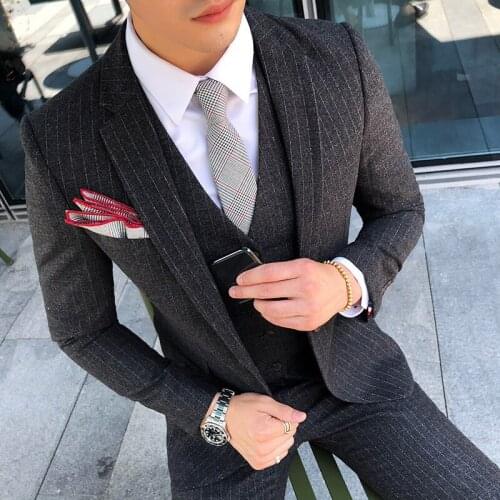Mens Stripe Slim Suits Men Business Casual Clothing (Blazer+vest+pant ) Trajes De Hombre Costume Mariage Homme Gray Tuxedo