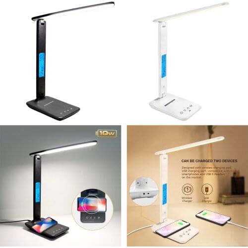 QI Wireless Charging LED Desk Lamp With Calendar Temperature Clock LCD Display Eye Protect Reading Light Table Lamp