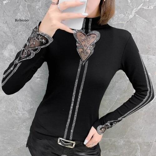 New Autumn Long Sleeve Black T-Shirt Fashion Casual Turtleneck Diamond Woman Tshirts Elegant Slim Womens Shirt