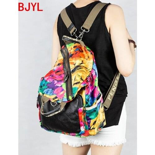 2020 New Luxury Fahsion Canvas with Leather Women Backpack Female Bag Shoulder Bags Cowhide Leather Plant Flower Genuine Leather