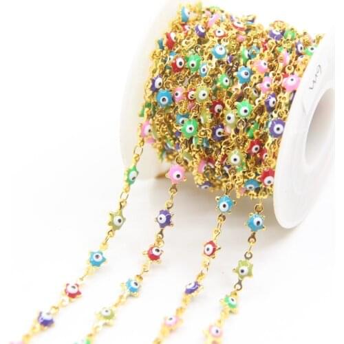 New! 5Meter Star Shape 6mm Colourful Enamel Evil Eye Bead Rosary Chain,Lampwork Glass Link Copper Chain,DIY Bracelets Necklaces