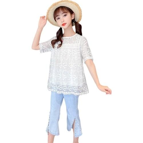 Clothes For Girls Lace Blouse + Denim Jeans Girls Clothing Pearls Kids Girls Clothes Summer Childrens Clothes Girl