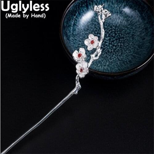 Uglyless Handmade Brunch of Flowers Hair Sticks for Women Elegant Floral Hair Jewelry Real 925 Silver Zircons Crystals Accessory