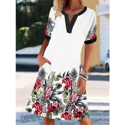 Womens Summer Cool Clothing Dress Casual V-neck Short-sleeved Retro Printed Dress Ladies Elegant Loose Breathable Dress