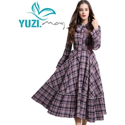 Dress Female 2019 Yuzi.may Boho New Cotton Women Dresses Long Flare Sleeve A-Line Swing Hem Drawstring Collar Vestidos A82133