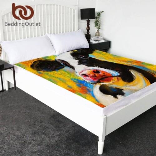 BeddingOutlet Milk Cow Portrait Fitted Sheet Pastel Painting Topper Sheets Farm Animal Bedding Sheet Modern Art 1pc Bedlinen