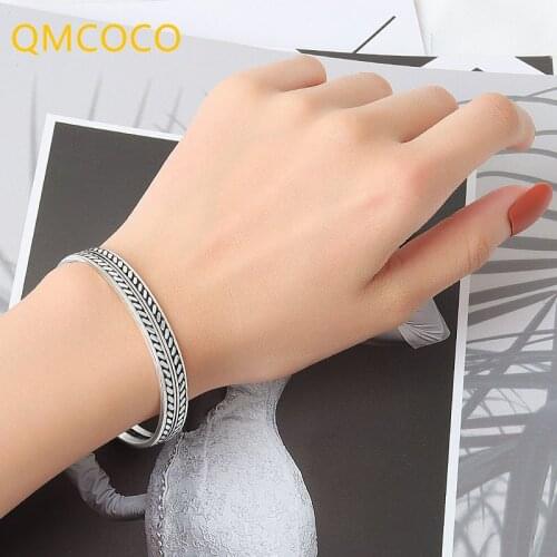 QMCOCO 925 Sliver Vintage Decorative Geometry Leaves Pattern Open Adjustable Bracelet For Women Party Gifts 2021 Hot Sell