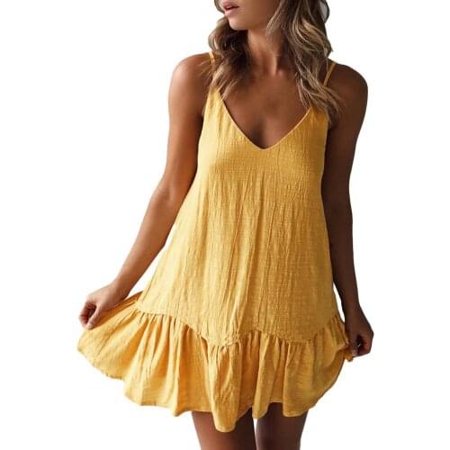 Sexy Women Dress Solid Color Sleeveless Deep V Neck Ruffle Hem Loose Mini Dress for Party