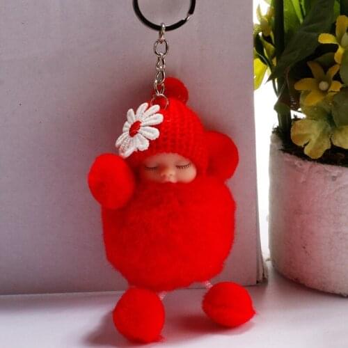 Sleeping Baby Doll Keychain Flower Pompom Plush Fur Ball Key Chain Fluffy Car Keyring Porte Clef Bag Key Ring Llaveros Chaveiro