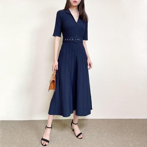 Autumn UK Collections Navy Blue Knitted V Neck Midi Belted Dress Size 0-5