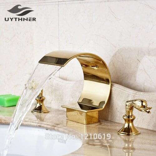 Uythner Newly Deck-mount 3Pcs Bathroom Basin Faucet Sink Mixer Tap Luxury Gold Plate Hot And Cold Water Faucet