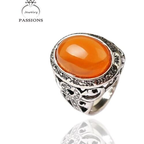 Ethnic Style Carving Flower Luxury Vintage Ring Green&Orange Oval Resin Stone Antique Silver Color Rings Women&Men Jewelry Gift