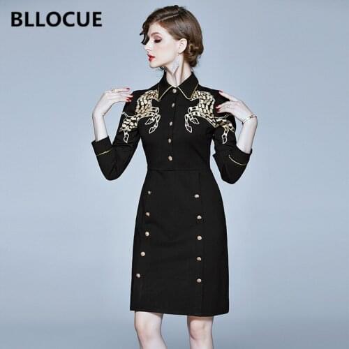 BLLOCUE Vintage Golden Horse Embroidery Dress 2020 Spring Autumn Women Wrist Sleeve Elegant Single-breasted Pack Hip Dress