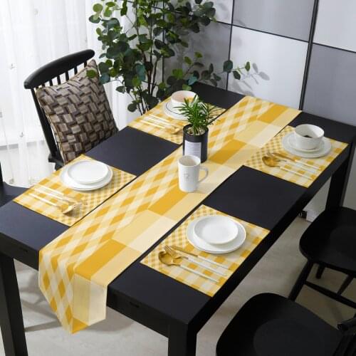 Yellow Check Stripe Square Stitching Table Runner Table Mats Cover For Home Wedding Banquet Festival Party Hotel Decoration