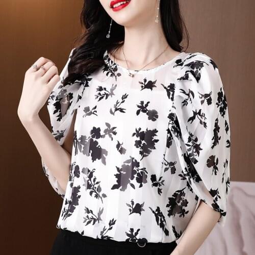 Floral Shirt For Womens 2021 New Summer Style Retro Elegant Short Sleeve Blouses Chiffon Print Blusas Women Female Hedging Tops