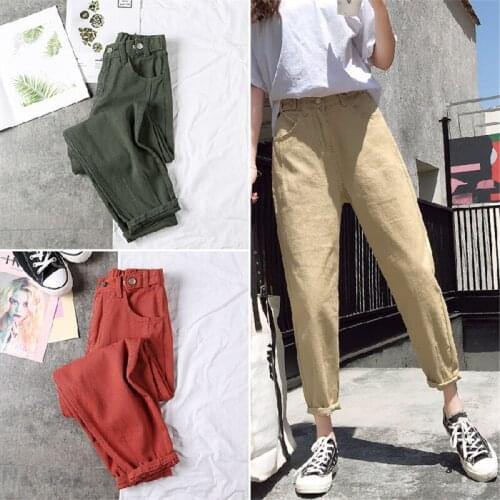 New Women High Waist Jeans Casual Khaki ArmyGreen Red Spring Autumn Cotton Lady Ankle -length Crop Trousers Harem Pants Jeans