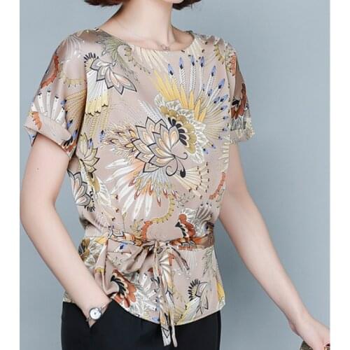 Womens summer natural silk Blouses woman printing silkworm bat shirts loose Tops Plus Size XXXXL Blusas Femininas Fashion 4XL