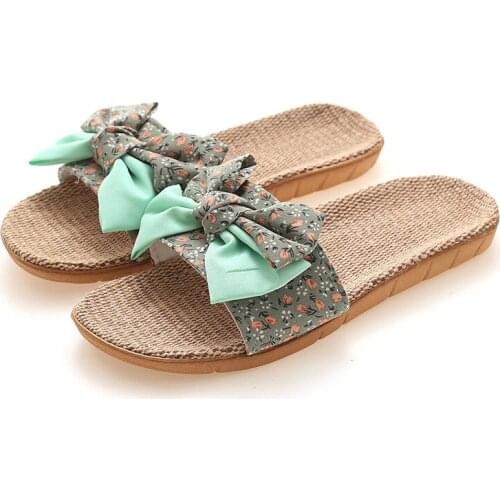 Women Slippers Butterfly-Knot Cute Flip Flops Summer Indoor Hemp Slide Sandals Home Non-Slip Platform Flat