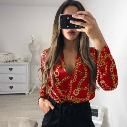 2020 Womens Deep V Neck Vintage Silk Long Sleeve Rompers Jumpsuit Chain Print Top Shirt Ladies Key Printed Sexy Satin Bodysuits