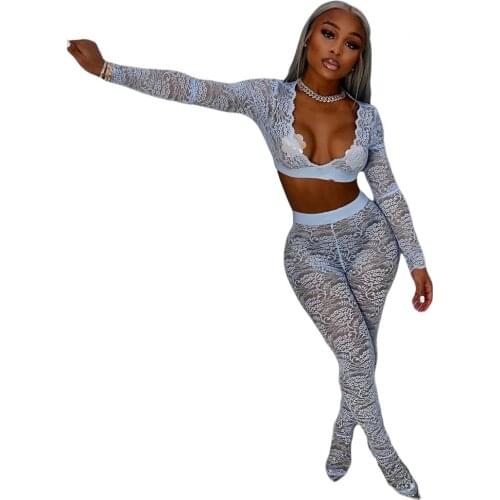 Sexy hollow lace club outfits for women Red black green blue two piece set women long sleeve v neck cropped top+pencil pants