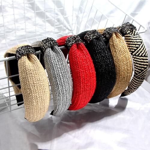 Flatfoosie 2020 Bohemian Hairband Straw Weave Headband Center Rhinestones Handmade Hair Hoop Hairband for Women Hair Accessories