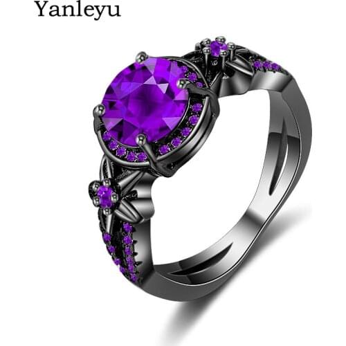 Yanleyu Black Gold Filled Rings for Women 1.5 Carat AAA+ Round Purple Cubic Zircon Finger Ring Fashion Party Jewelry Gift PR169