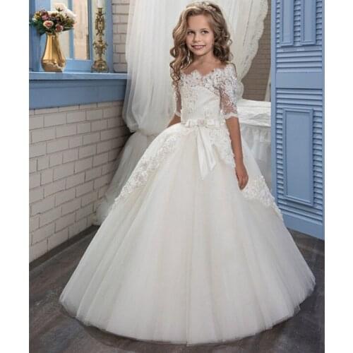 Flower Girl Dresses White Lace Appliques Ball Gown First Communion Dresses Hot Sale Vestidos Longo White Ivory